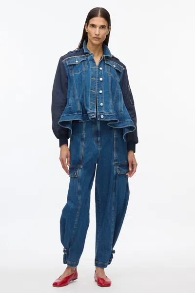 3.1 Phillip Lim Hybrid Denim Flight Jacket With Flounce Hem In Blue