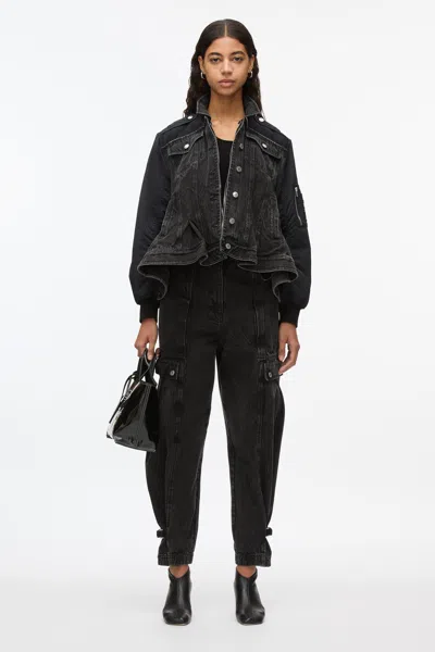 3.1 Phillip Lim Hybrid Denim Flight Jacket With Flounce Hem In Washed Blk