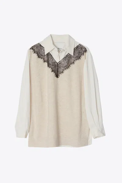 3.1 Phillip Lim Knit Combo Shirt With Lace Inlay In Neutral