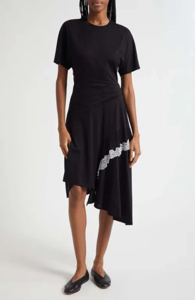 3.1 Phillip Lim Lace Detail Draped Asymmetric Hem Cotton T-shirt Dress In Black