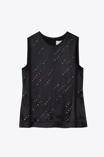 3.1 Phillip Lim Liquid Satin Sleeveless Top With Rainfall Embelishment In Black