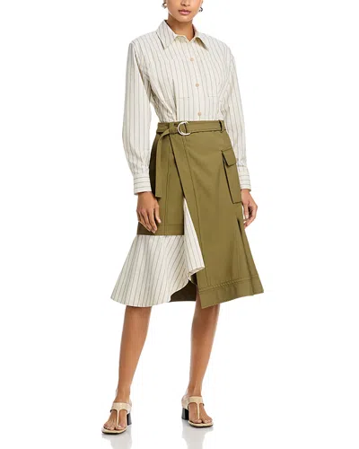 3.1 Phillip Lim Long Sleeve Combo Shirt Dress With Flounce In Green