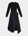 3.1 Phillip Lim Mixed Media Long Sleeve Handkerchief Hem Cotton Blend Dress In Black