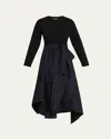 3.1 Phillip Lim Mixed Media Long Sleeve Handkerchief Hem Cotton Blend Dress In Black