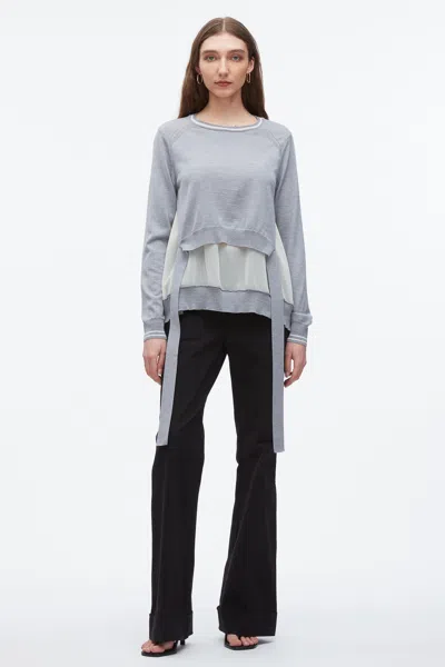 3.1 Phillip Lim Long Sleeve Crewneck Tie Pullover With Chiffon Combo In Gray