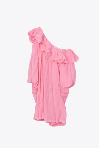 3.1 Phillip Lim Long Sleeve Plisse Voile Ruffle Drape Voluminous Dress In Pink