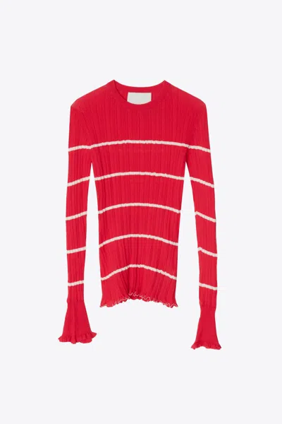 3.1 Phillip Lim Long Sleeve Sheer Striped Crewneck Pullover In Red