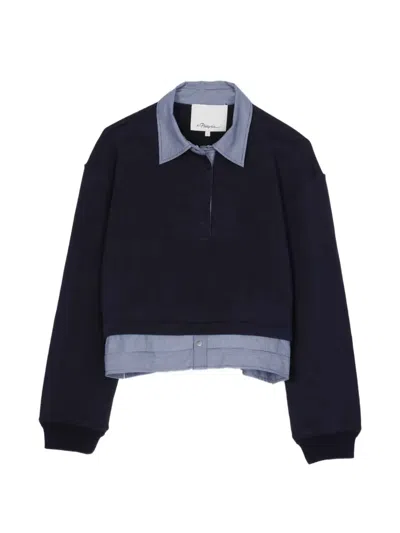 3.1 Phillip Lim Mixed Media Cotton Crop Sweatshirt In Blue