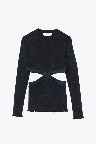 3.1 Phillip Lim Marled Lurex Crossover Cut Out Pullover In Black-midnight