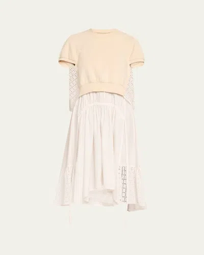 3.1 Phillip Lim Mixed-media Broderie Anglaise Midi Dress In Ecru-white