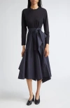 3.1 Phillip Lim Mixed Media Long Sleeve Handkerchief Hem Cotton Blend Dress In Black