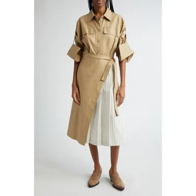3.1 Phillip Lim Pleated Tie Belt Long Sleeve Poplin Shirtdress In Khaki