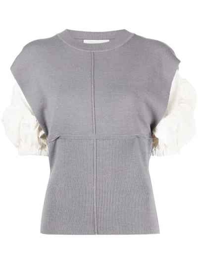 3.1 Phillip Lim Poplin-combo Puff-sleeve Top In Gray