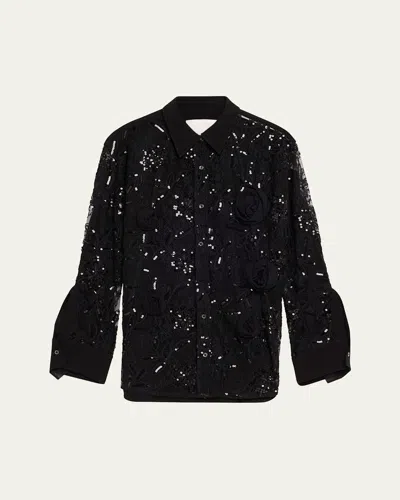 3.1 Phillip Lim Rosette Sequined Lace Sheer Button-down Shirt In Blk Multi