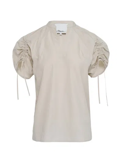 3.1 Phillip Lim Ruched Sleeve V-neck Top In Neutral