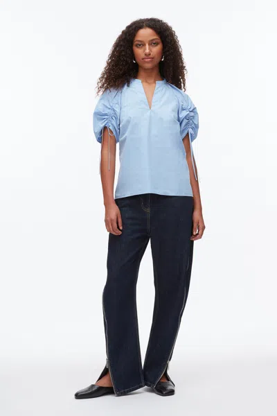 3.1 Phillip Lim Ruched Sleeve V-neck Top In Oxford Blue