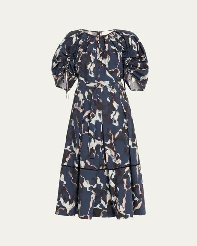 3.1 Phillip Lim Shirred Belted Midi Dress In Navy Multi