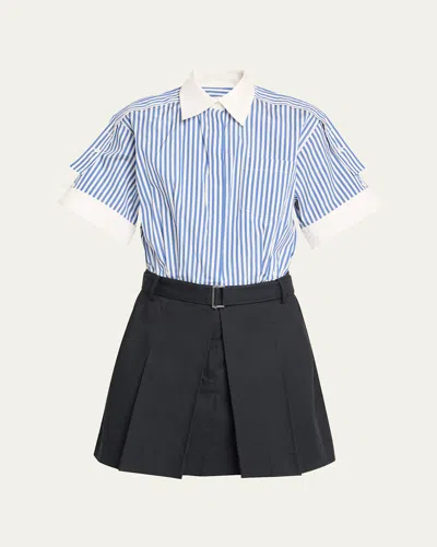 3.1 Phillip Lim Short-sleeve Combo Mini Shirtdress In Blue Multi-midnight