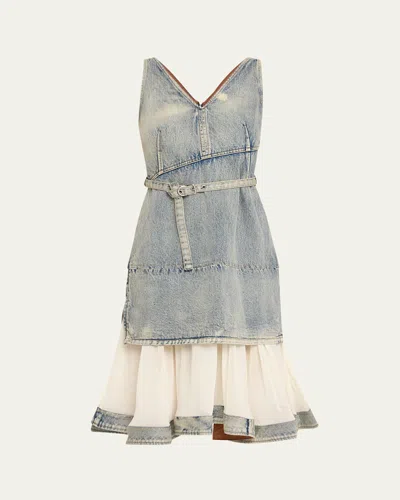 3.1 Phillip Lim Sleeveless Belted Denim Chiffon Combo Dress In Washed Indigo