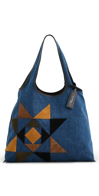 3.1 Phillip Lim Suede Quilted Denim Market Tote Blue Indigo Multi