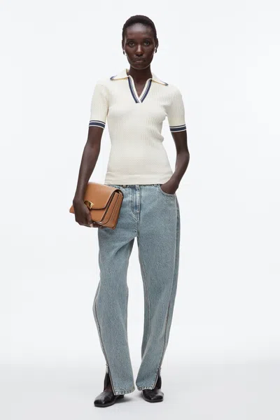 3.1 Phillip Lim Textured Rib Fitted Polo In Ecru-navy