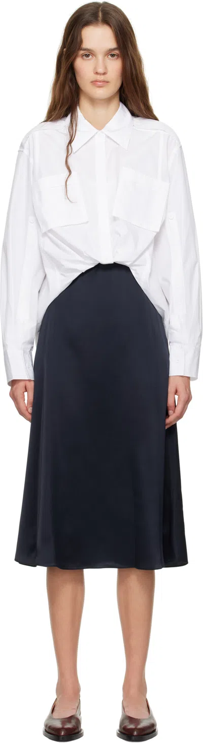 3.1 Phillip Lim White & Navy Draped Shirt Combo Slip Midi Dress