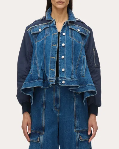 3.1 Phillip Lim Women's Ruffle-hem Paneled Denim Flight Jacket In Blue