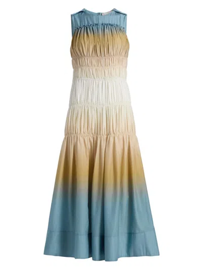 3.1 Phillip Lim Ombre Voile Gathered Maxi Dress Storm Canyon Multi