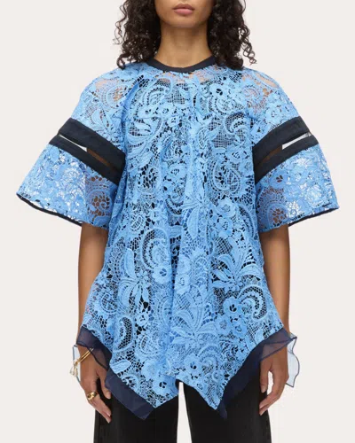 3.1 Phillip Lim Women's Sheer Lace Mesh-panel Flounce Top In Blue