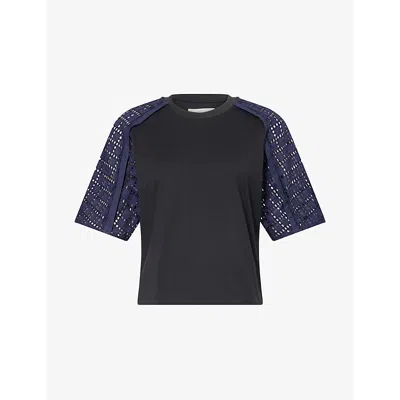 3.1 Phillip Lim Womens Black Navy Broderie Anglaise Raglan-short-sleeves Cotton-jersey T-shirt