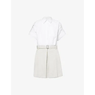 3.1 Phillip Lim Womens  Combo Short-sleeve Belted Cotton Mini Shirt Dress In White Cement