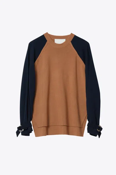 3.1 Phillip Lim Wool Knit Crepe Combo Long Sleeve Pullover With D-rings In Brown