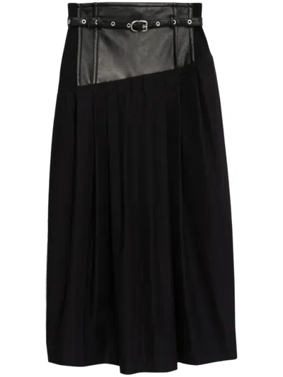 3.1 Phillip Lim Yoke Leather Pleated Midi Skirt In Black