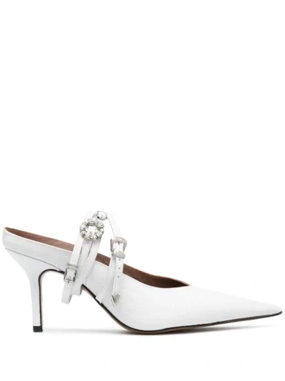 Abra Belt Pointed Toe Mules In White