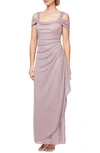 ALEX EVENINGS COLD SHOULDER RUFFLE GLITTER GOWN,133026