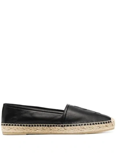 Saint Laurent Logo Embossed Calf Leather Flat Espadrilles In Black
