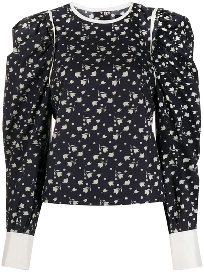 Isabel Marant Celwood Puff-shoulder Floral-print Cotton Top In Black