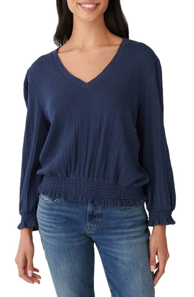 Lucky Brand Smocked V-neck Cotton Top In American Navy