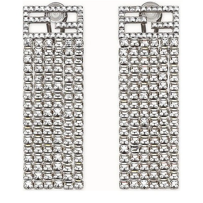 Fendi Ff-logo Crystal-fringe Earrings In Silver