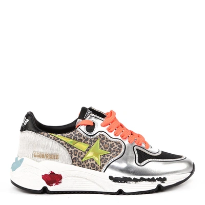 Golden Goose Running Sole Sneakers In Leather And Leopard Fabric In Black/silver/white