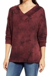 Loveappella Wide Neck Tie Dye Tunic Pullover In Burgundy/ Merlot