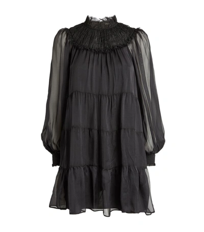 Alice And Olivia Kellyann Tiered Lace-trimmed Shirred Silk-chiffon Mini Dress In Black