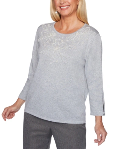 Alfred Dunner Petite Sapphire Skies Pearl-beaded Sweater In Gray