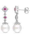 MACY'S FRESHWATER CULTURED PEARL (8.5-9MM), RUBY (1/7 CT. T.W.) AND DIAMOND (1/10 CT. T.W.) DROP EARRINGS I