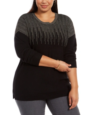 Alfani Plus Size Sparkle Shoulder Sweater, Created For Macy's In Deep Black