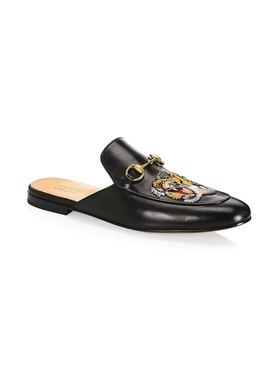 Gucci Men's Statement Tiger Patch Tops Of-the-moment Leather Slides Leather Upper Slip-on Style Almond Toe In Black