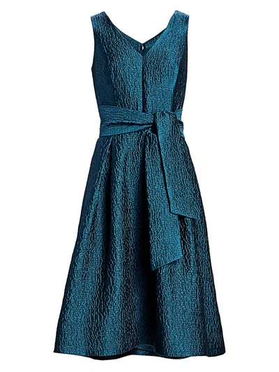 Teri Jon By Rickie Freeman Women's Jacquard V-neck Sleeveless Belted A-line Dress In Teal