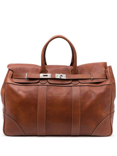 Brunello Cucinelli Top-handle Leather Holdall Bag In Marron