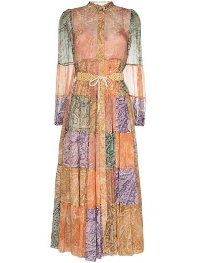 Zimmermann Brighton Belted Patchwork Paisley-print Silk-crepon Maxi Shirt Dress In Rosa