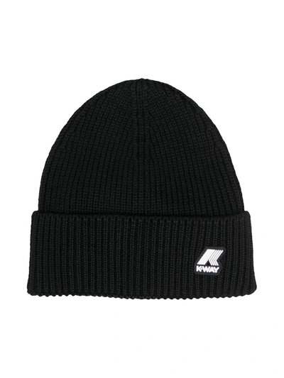 K-way Kids' Logo-patch Ribbed Beanie Hat In Black